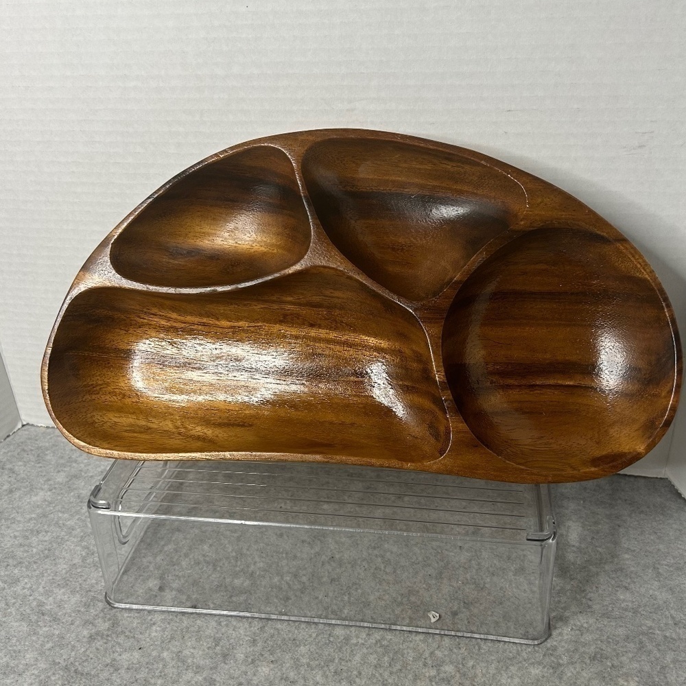Vintage Monkeypod Wood Trinket Dish 4 Sections No Flaws 13.5x7x1.5”